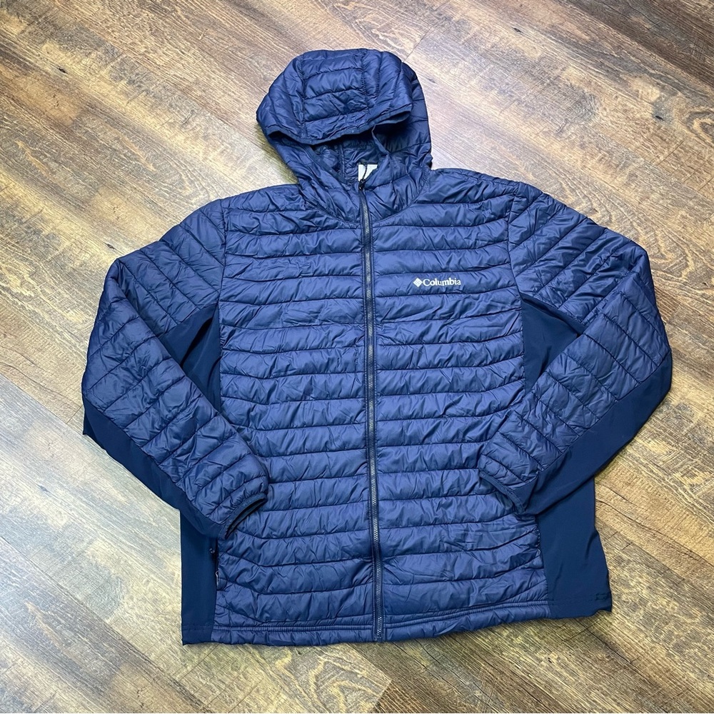 Columbia Powder Pass Hooded Jacket Light Puffer Water Resistant Men XL Coat Blue - Picture 1 of 15